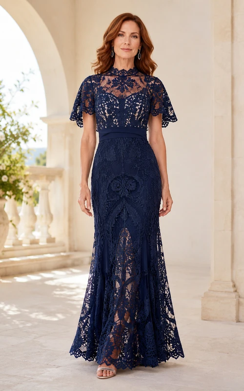 Vestido de sirena azul marino de encaje para madres con mangas de capa transparente.