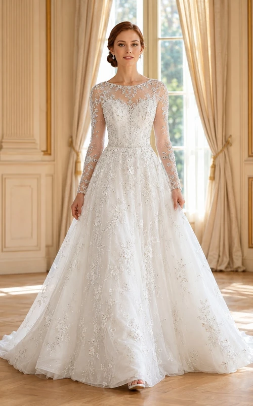 Silbernes, perlenbesetztes A-Linien-Brautkleid mit U-Boot-Ausschnitt, langen Ärmeln, bodenlanger Schleppe und elegantem Schnitt