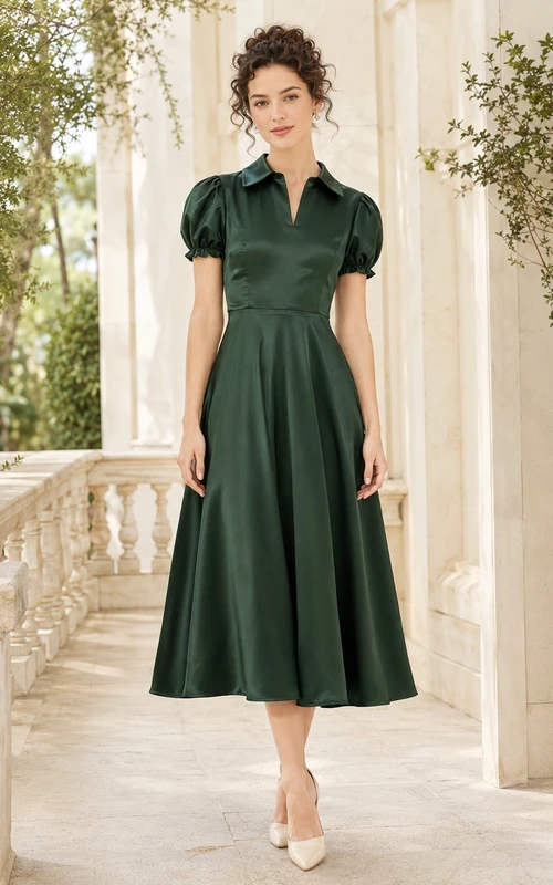 Vintage-Kleid in Dunkelgrün mit Kragen, kurzen Ärmeln und Teelänge in A-Linie