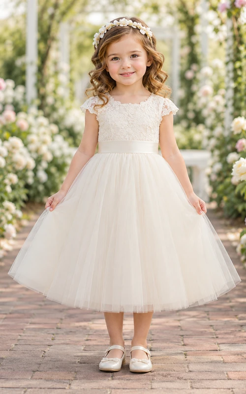 Vestido de niña de flores color marfil. Sencillo, largo hasta la rodilla, corte en A, encaje festoneado, manga corta, tul, satén, cintura.