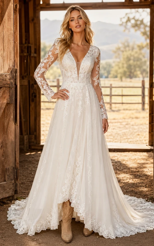 Brautkleid im Landhausstil mit Spitze, A-Linie, herzförmigem Schnitt, langen Ärmeln, Schleppe und tiefem V-Ausschnitt am Rücken