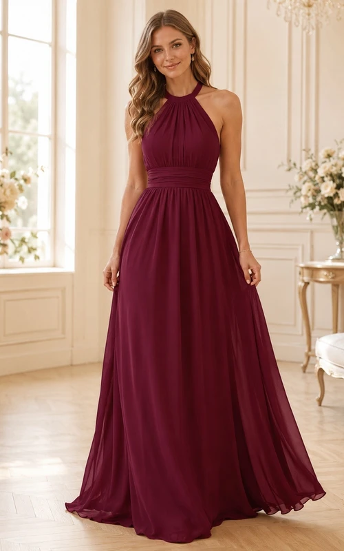Burgundy Halter Sleeveless Chiffon A-Line Maid Of Honor Dress