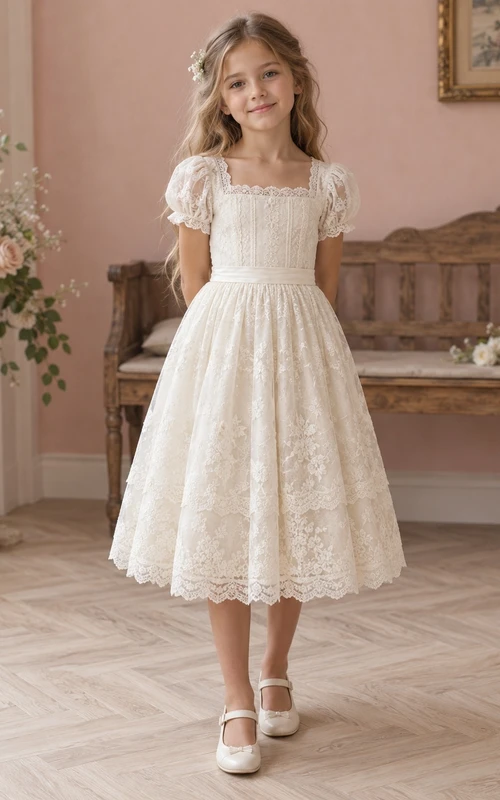 Vintage Tea-length Square Neck Ivory Puff Sleeve A-Line Tiered Scalloped Lace Pleated Sash Flowergirl Dress