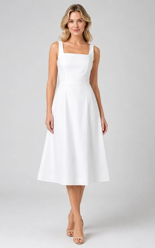 Ärmelloses, schlichtes Midikleid aus weißem Baumwollstoff mit eckigem Ausschnitt und A-Linien-Schnitt.
