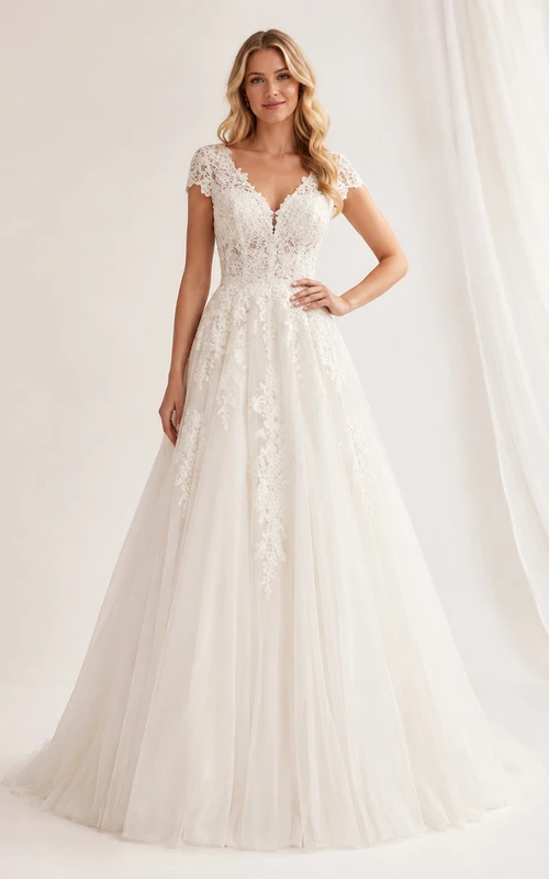 Brautkleid in A-Linie mit V-Ausschnitt, kurzen Ärmeln und Spitze