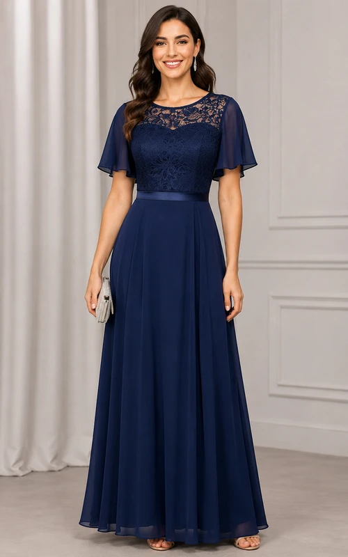 Chiffon Mother of the Bride Dress in Dark Navy, Bateau A-Line Floor-Length Gown with Lace and Sash/Ribbon