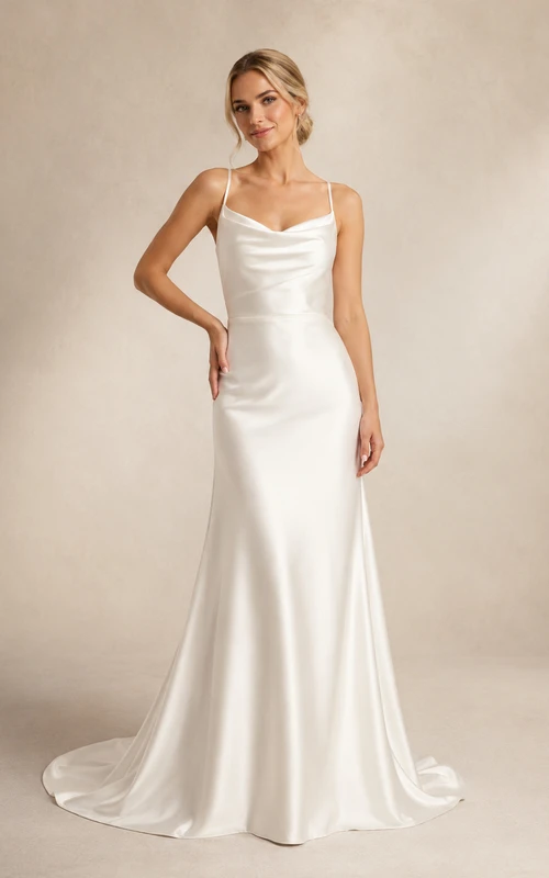 Vestido de novia de satén para la playa, estilo tubo, tirantes finos, cola larga y espalda descubierta.