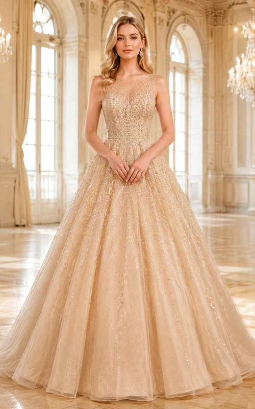 Champagnerfarbenes Ballkleid aus Spitze und Tüll