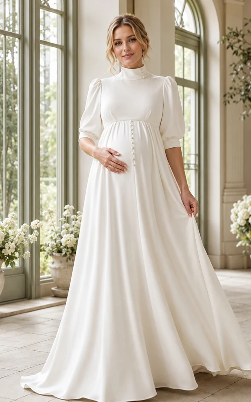 Robe de mariée moderne et pudique de maternité, col montant, manches bouffantes mi-longues, en satin, coupe empire, longueur au sol