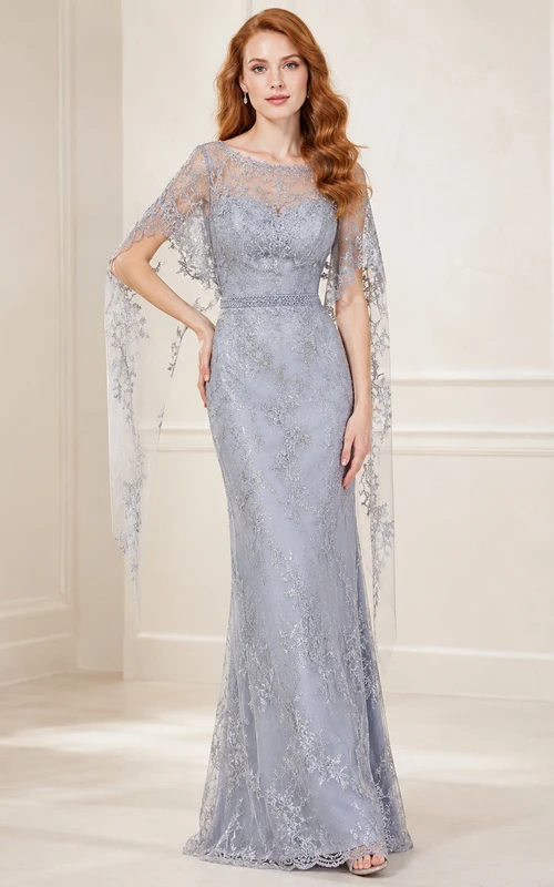 Silver Blue Lace Cape Sleeve Sheath Mother Dress