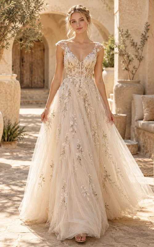 Boho Champagne V-neck Floral Embroidered Tulle A-line Sweet Sixteen Gown