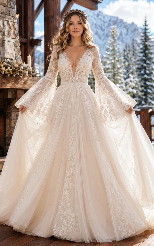 Winter Boho V-Neck Bell Sleeve Ball Gown Wedding Dress