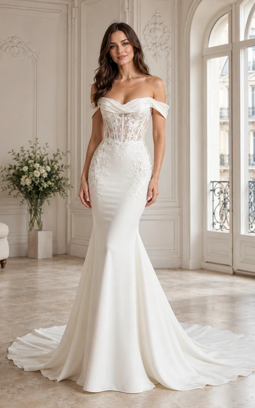 Robe de mariée sirène en satin et dentelle raffinée, épaules dénudées, manches courtes, corsage à traîne chapelle, bustier pavillon