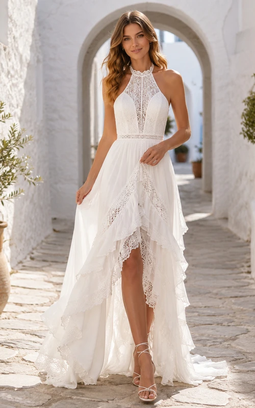 Boho Adlib Halter High Neck High Low Layered Train Wedding Dress