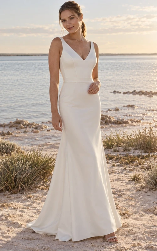 Schlichtes, ärmelloses, bodenlanges Etuikleid mit V-Ausschnitt für Strandhochzeiten