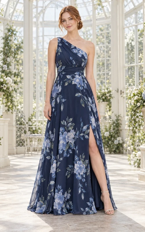 Vestido de dama de honor de gasa largo hasta el suelo, con estampado floral azul marino, un solo hombro y abertura lateral.