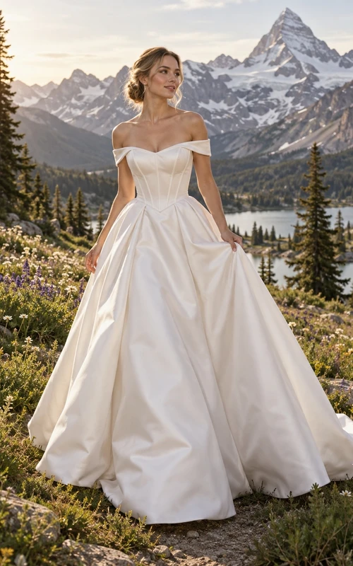 Sencillo vestido de novia de satén duquesa con hombros descubiertos, corpiño con paneles y cola de vestido de gala.