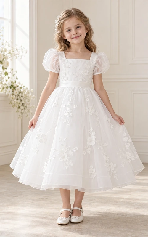 Vestido de niña de flores blanco con escote cuadrado, estampado floral, corte en A, mangas abullonadas y lazo en la espalda.