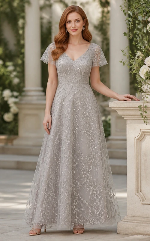 Vestido de madre discreto, plateado, de corte A, escote en V, mangas con volantes y encaje, largo hasta el suelo.
