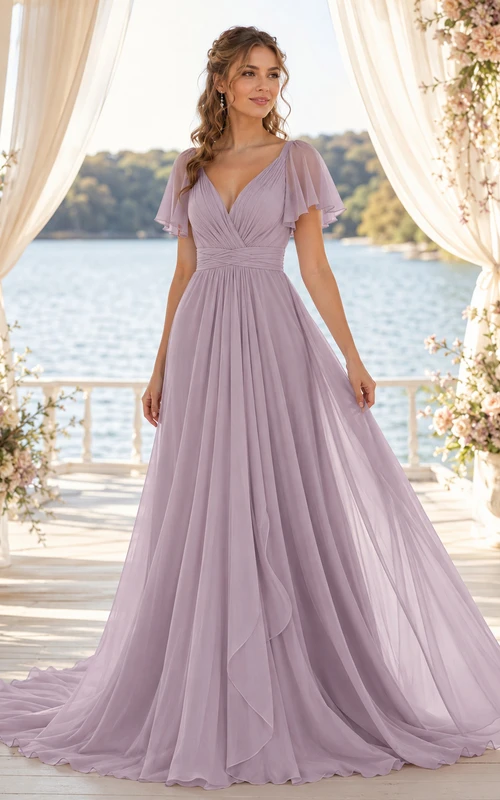 Robe de mariée lavande en mousseline de soie, col en V, manches papillon, coupe trapèze et traîne, style trapèze.