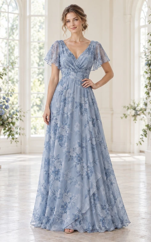 Vestido de dama de honor de gasa azul empolvado con escote en V, mangas con volantes y corte en A, largo hasta el suelo.