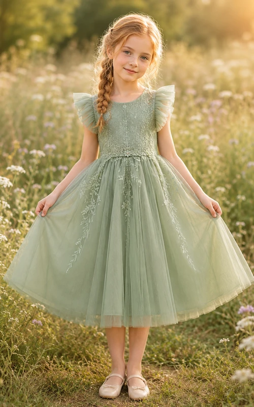 Robe élégante de demoiselle d'honneur en tulle sauge, coupe trapèze, longueur genou, manches papillon, col rond et appliqué