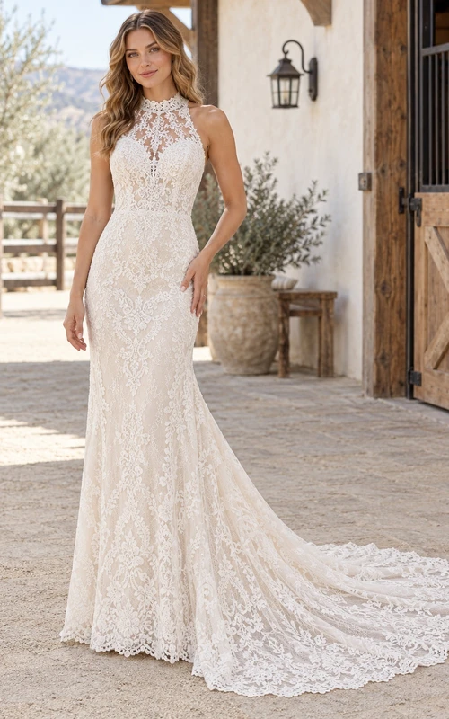 Western Halter High Neck Fitted Floral Lace Train Wedding Dress