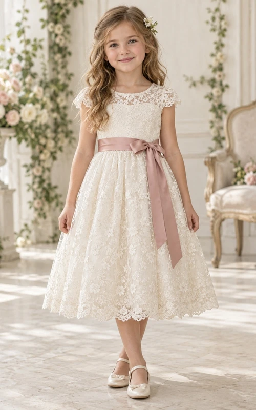 Vestido de niña de flores vintage de corte A, color marfil, con estampado floral, mangas cortas de encaje y fajín de rosas, largo hasta la rodilla.
