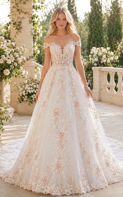 Romantisches Brautkleid in A-Linie aus roségoldener Spitze mit schulterfreiem Ausschnitt, kurzen Ärmeln und bodenlanger Schleppe