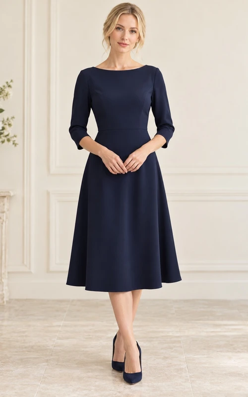 Robe midi trapèze à manches trois-quarts et col bateau, bleu marine foncé.