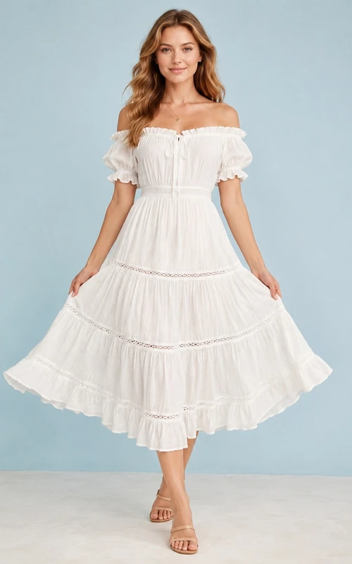 Robe mi-longue en mousseline blanche à épaules dénudées, manches bouffantes et volants