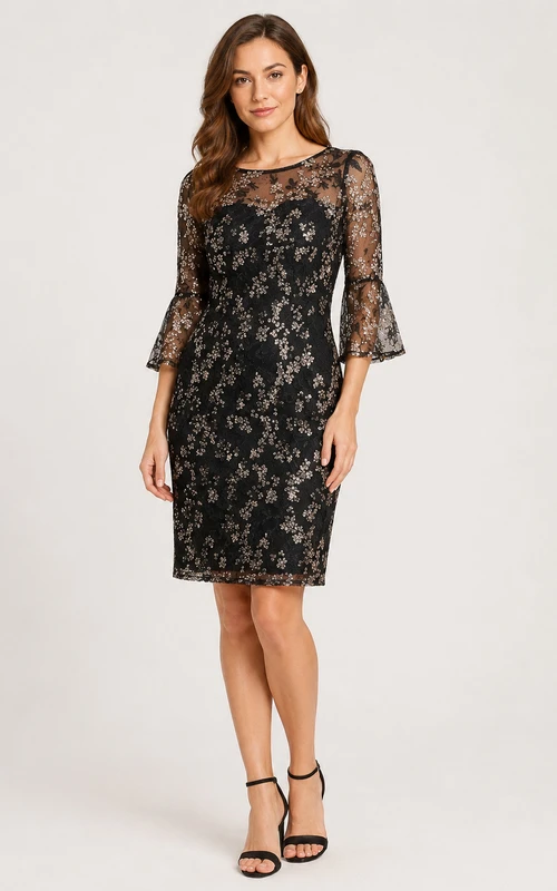 Short Pencil Knee-Length Bateau 3/4 Length Sleeve Lace Homecoming Dress with Lace
