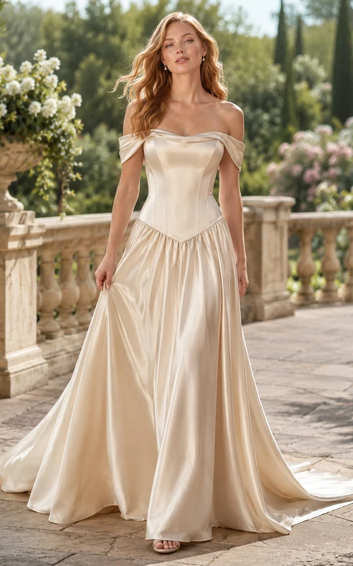 Robe de mariée en satin plissée à épaules dénudées et taille naturelle