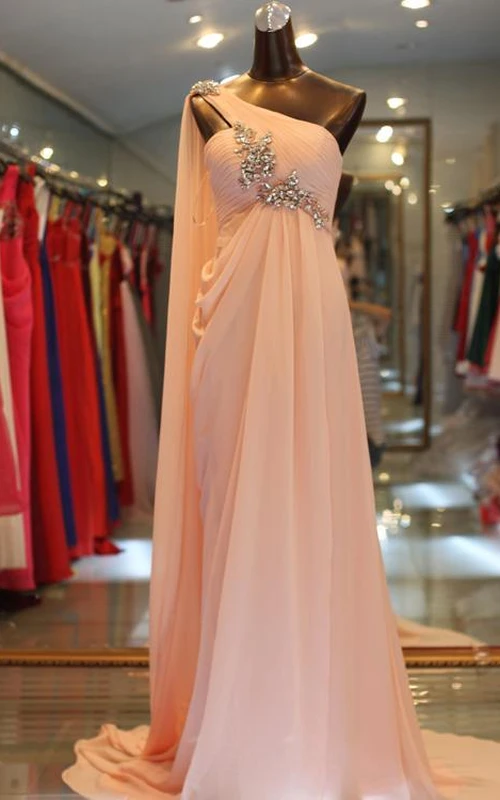 Elegantes, schulterfreies, langes Chiffon-Abendkleid mit Kristallen