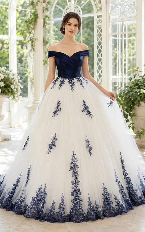 Marineblaues, schulterfreies Ballkleid mit Muschelsaum und kurzen Ärmeln aus Tüll – romantisches Brautkleid
