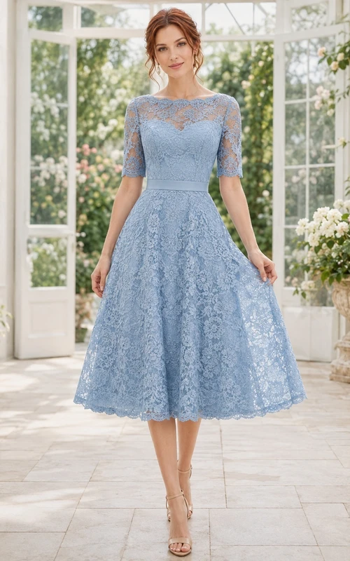 Sky Blue Lace Bateau Neck Half Sleeve Tea-length A-Line Garden Guest Dress