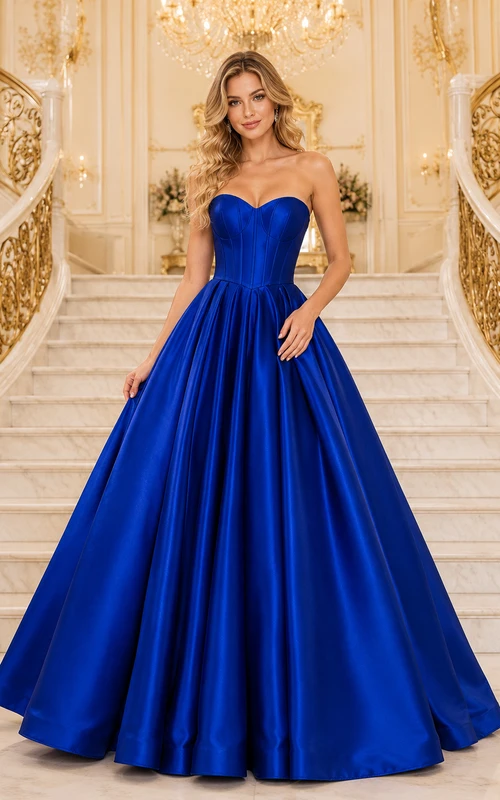 Königsblaues, trägerloses Ballkleid aus Satin mit Herzausschnitt