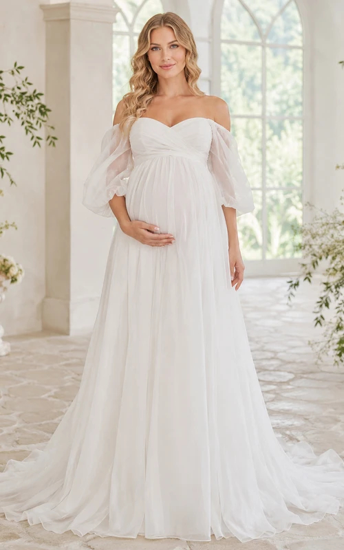 Maternity Wedding Dress Off-the-Shoulder Bell Sleeve Simple A-Line Garden Bridal Gown