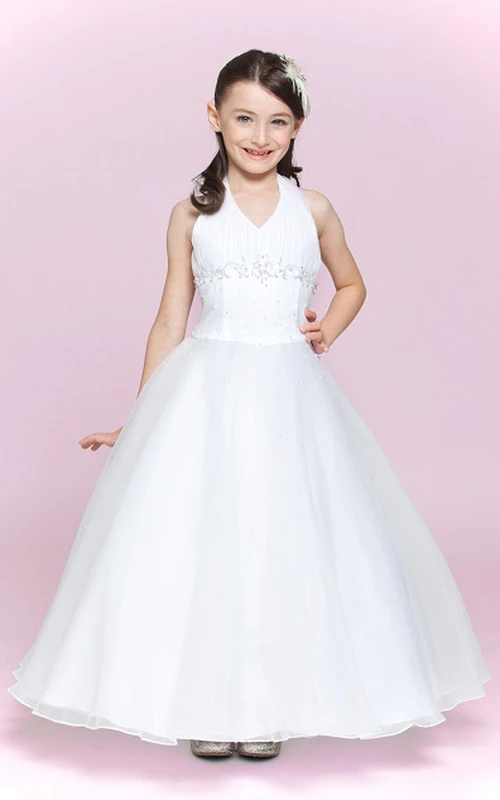 Vestido de gala de organza con escote halter y apliques para niña de las flores