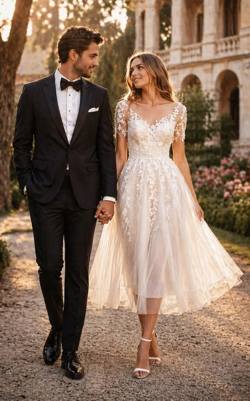 Romantic Tea-Length Lace Wedding Dress with Short Sleeves and Tulle Skirt