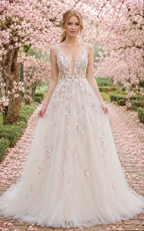 Brautkleid aus pastellfarbenem Tüll mit floralem Illusionsmuster