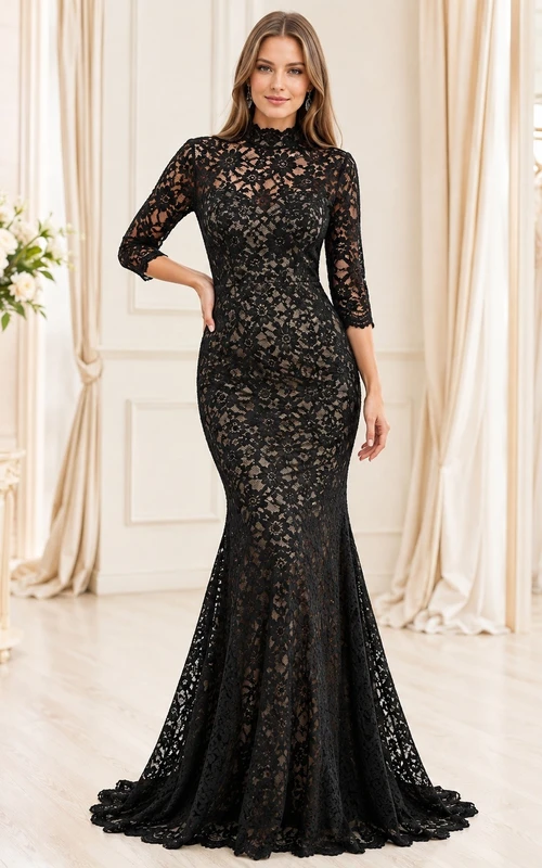Black Lace Jersey High Neck Long Sleeve Mermaid Evening Gown