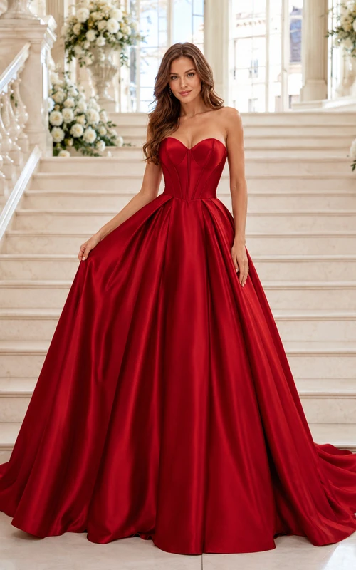 Red Strapless Sweetheart Satin Ball Gown Chapel Train Wedding Dress