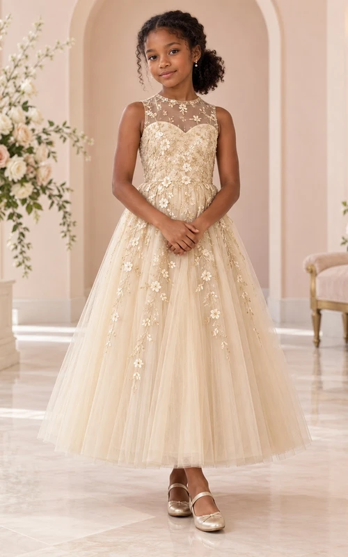 High-Neck Champagne Floral A-line Tulle Sleeveless Ankle-length Appliqued Flower Girl Dress