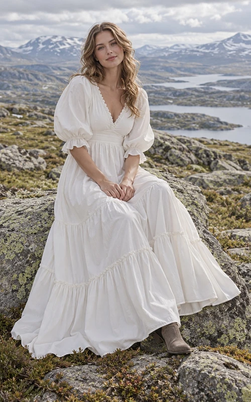 Vestido de novia bohemio de popelina de algodón con escote en V, corte en A, mangas abullonadas y falda escalonada.