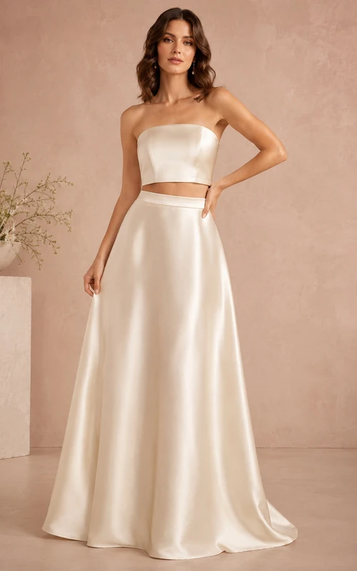 Ensemble de mariée minimaliste en satin, crop top bustier, coupe trapèze épurée