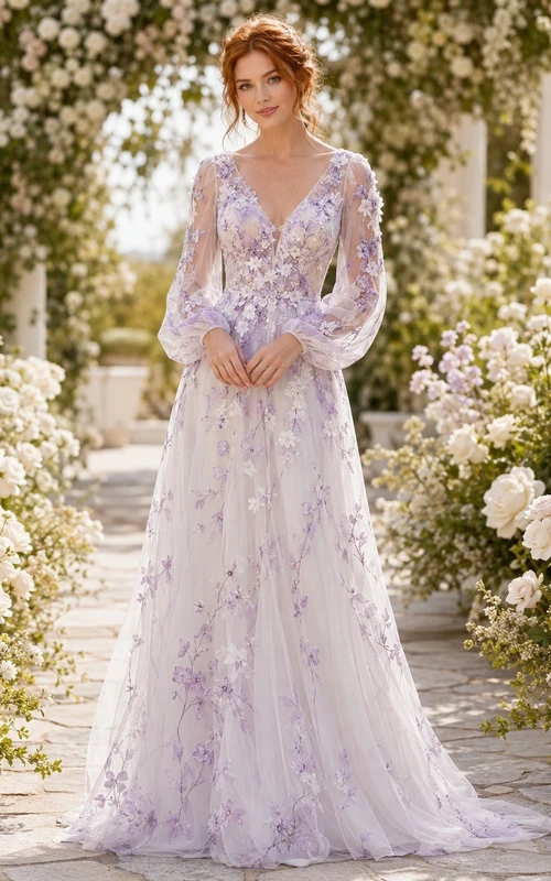 Lavendelfarbenes Brautkleid aus Chiffon mit Blumenmuster in A-Linie, V-Ausschnitt, langen Ärmeln und Kapellenschleppe