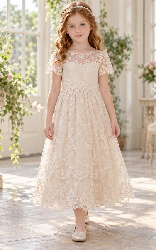 Champagne Floral Jewel Illusion Flutter Sleeve Ankle-length A-Line Gathered Tiered Scalloped Lace Flowergirl Dress