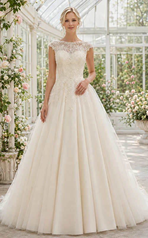 Robe de mariée romantique à traîne, décolleté en cœur, dentelle illusion et boutons en tulle, style bateau