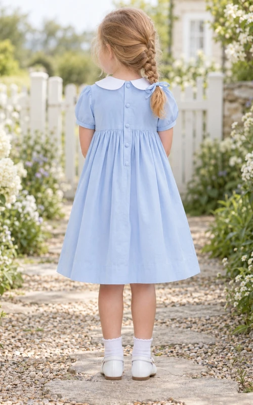 Modest Sky Blue Knee Length Wide Diamond Smocked Rounded Collar Puff Flower Girl Dress